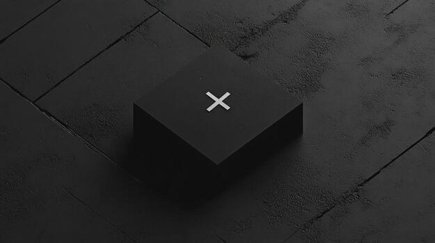 Dark square button with plus symbol on textured surface photo