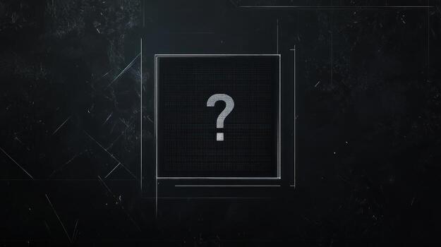 A dark, textured background with a square containing a question mark photo