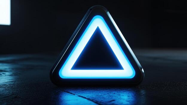 Futuristic triangle glowing with vibrant blue light on dark surface photo