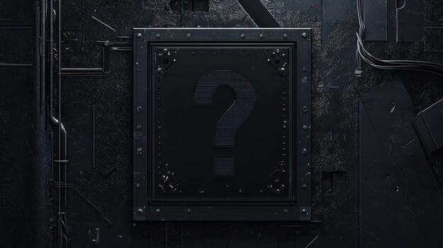 A dark, metallic square panel with a large question mark photo