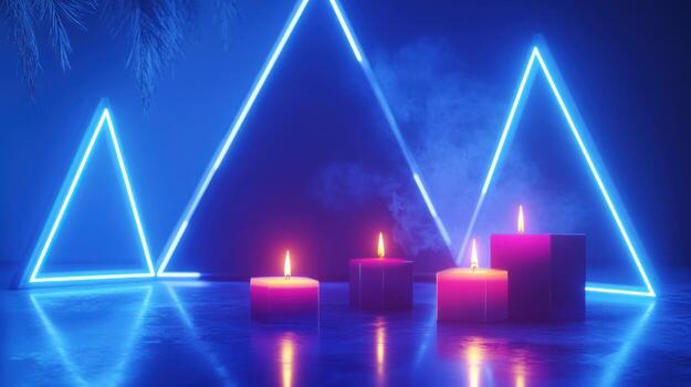 Neon triangles and candles in a dark room photo