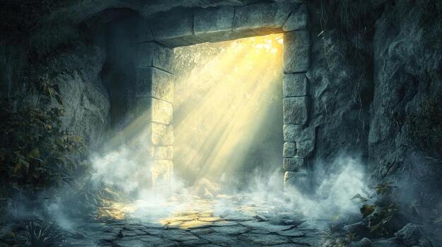 Sunlit passage through a stone archway in a misty cave photo