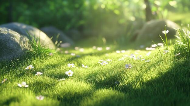 Lush green meadow with wildflowers, sunlight filtering through trees photo