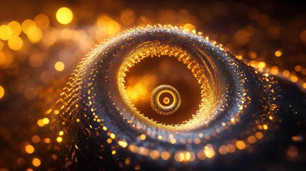 Abstract swirling vortex of golden particles in dark space photo