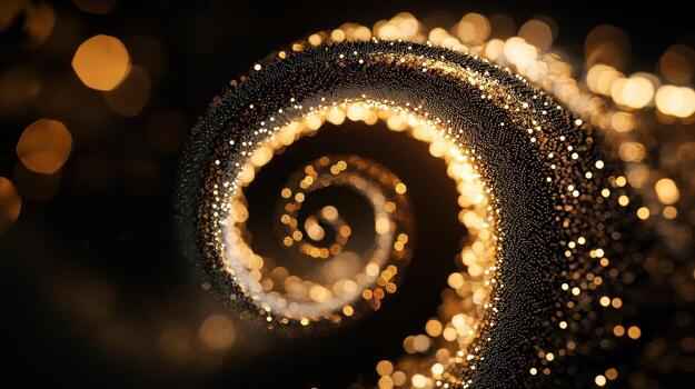 Abstract spiral swirl of golden particles against a dark background photo