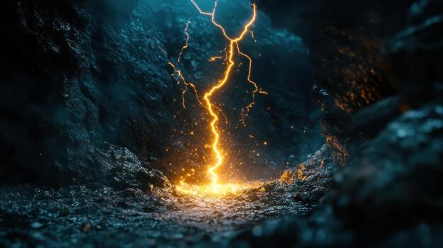Powerful lightning bolt erupts in a dark cave photo