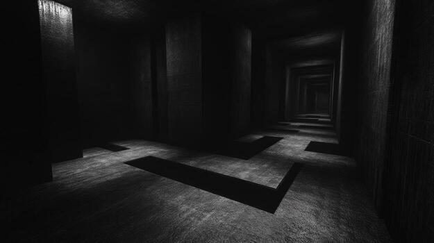 Dark, concrete corridor with shadows photo