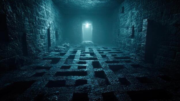 Dark, ancient passageway with light at the end photo