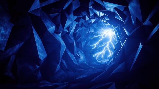 Dark blue tunnel with polygonal walls and a bolt of lightning photo