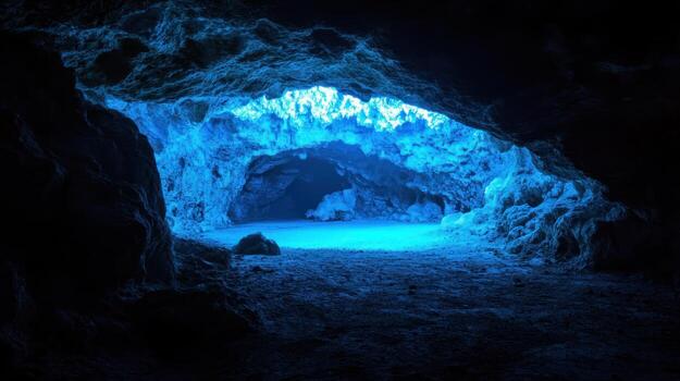 Deep cave illuminated by ethereal blue light photo