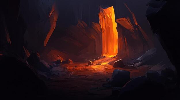 Cave interior with glowing lava stream photo