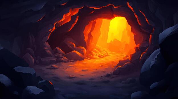 Cave entrance glows with lava photo