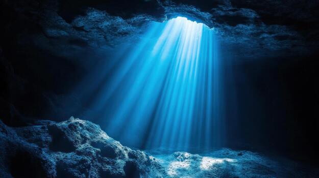 Sunlight beams into an underwater cave photo