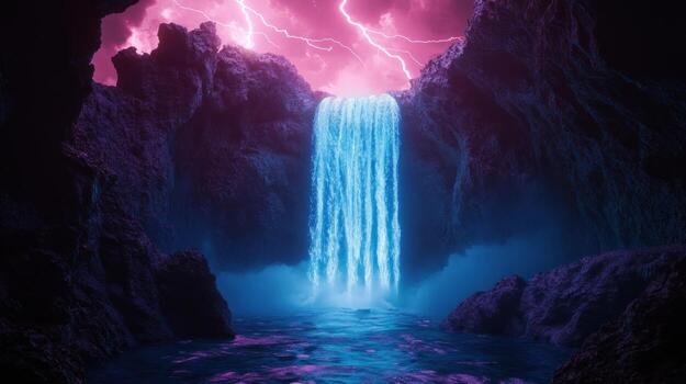 Neon waterfall in a dark cave photo