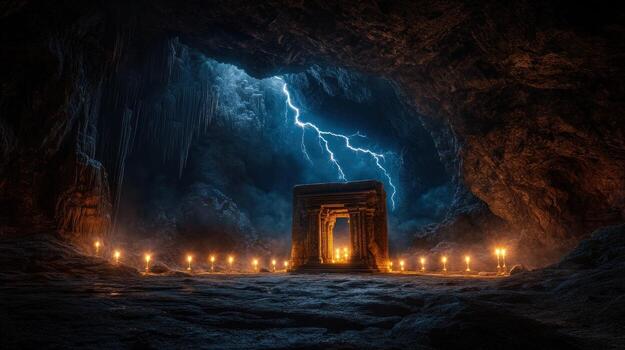 Ancient cave temple, illuminated by candles and lightning photo