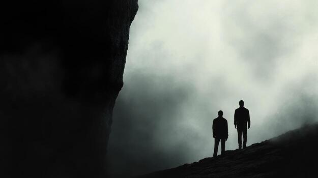 Two figures stand on a rocky outcrop, facing a massive dark cliff, shrouded in a thick, misty atmosphere photo