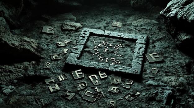 Ancient stone square with scattered letters photo