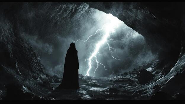 Dark figure in cave, lightning storm photo