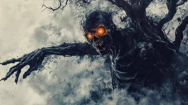 Dark zombie emerging from tree photo