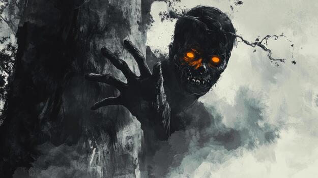 A menacing zombie emerging from a shadowy environment photo