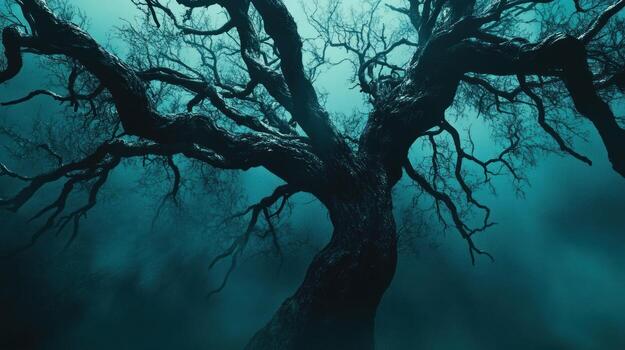 Spooky, ancient tree at night photo