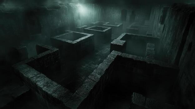 Dark, misty maze of stone structures photo