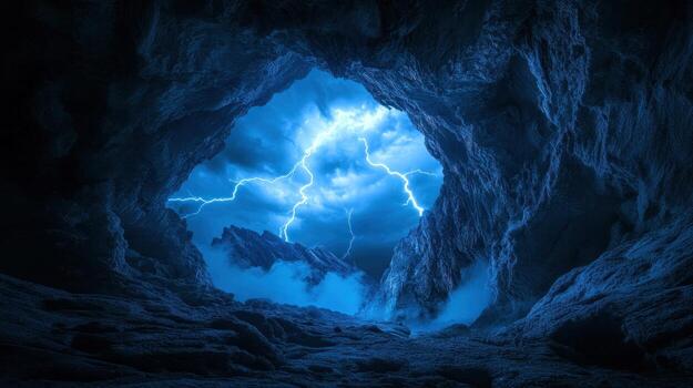 Cave entrance with a storm photo