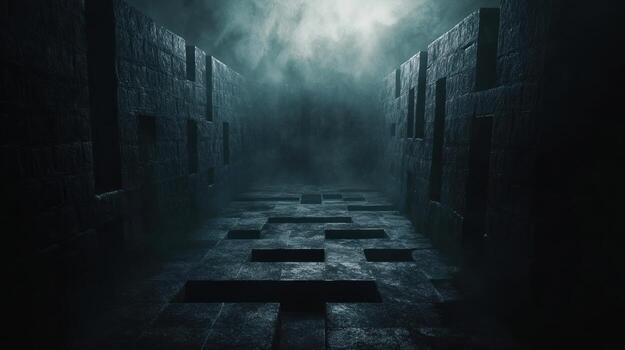 Dark, mysterious corridor with geometric blocks photo