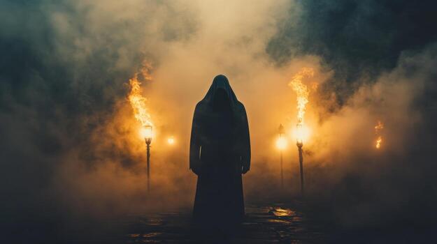 silueta figura en encapuchado túnica, rodeado por ahumado antorcha foto