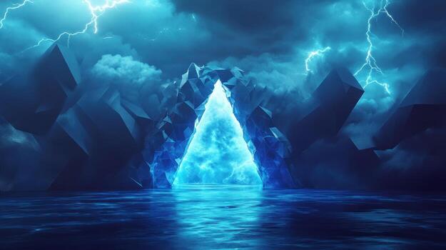 A glowing triangular portal in a dark, stormy landscape photo