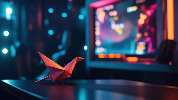 Origami bird on a table in a neon-lit room photo