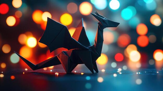 Origami dragon in bokeh background photo