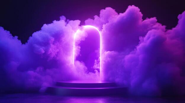 Neon portal through ethereal clouds photo