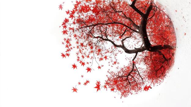 Autumnal tree with falling leaves against a white background. A vibrant display of color photo