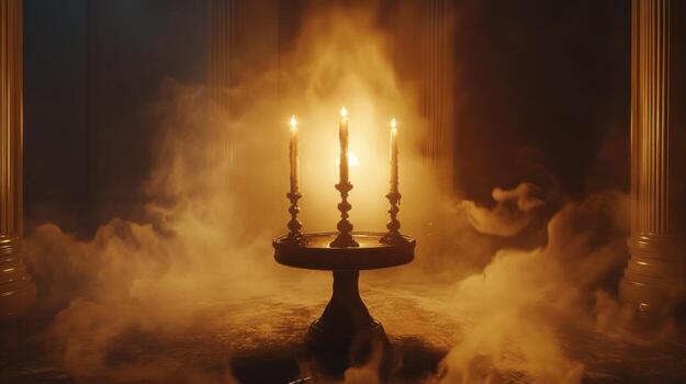Three candles in a dark, ornate setting photo