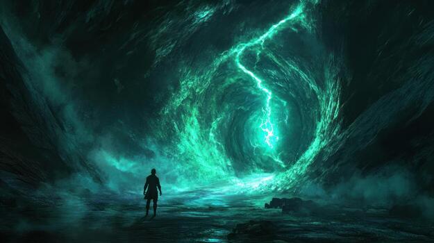 A solitary figure stands before a swirling vortex of emerald light photo