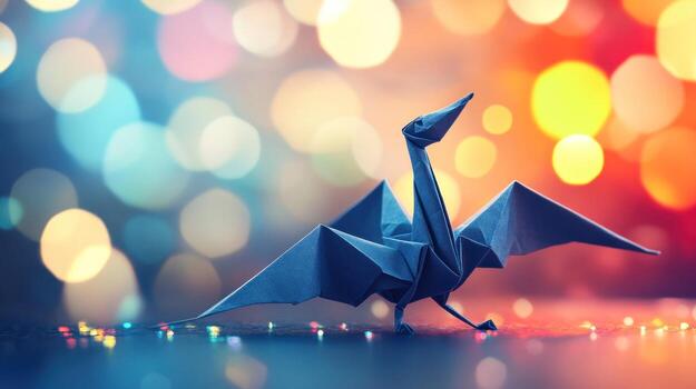 Origami crane in vibrant bokeh photo