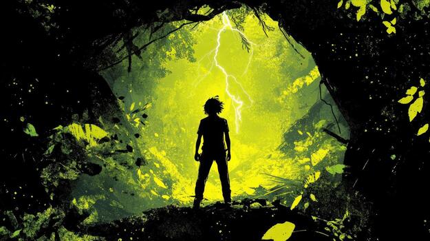 Silhouette figure in a vibrant jungle cave, illuminated by a lightning storm photo