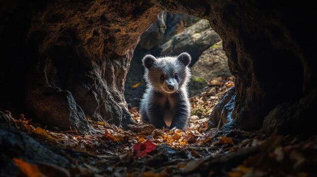 Bear cub in cave opening photo