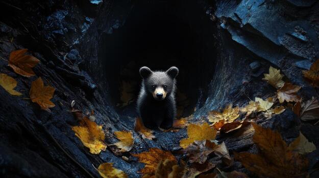 A bear cub in a dark forest hollow photo