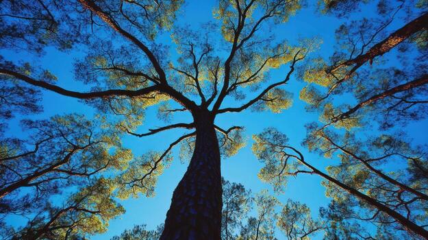 Upward view of tall forest trees photo