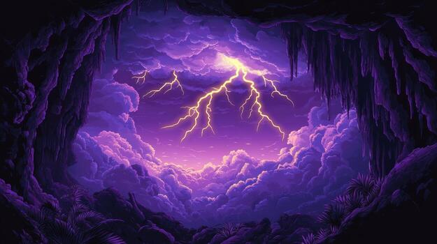 Cave with stormy sky. Pixelated view photo