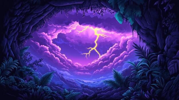 Cave view of vibrant storm clouds photo