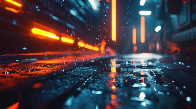 Rain-slicked futuristic walkway photo