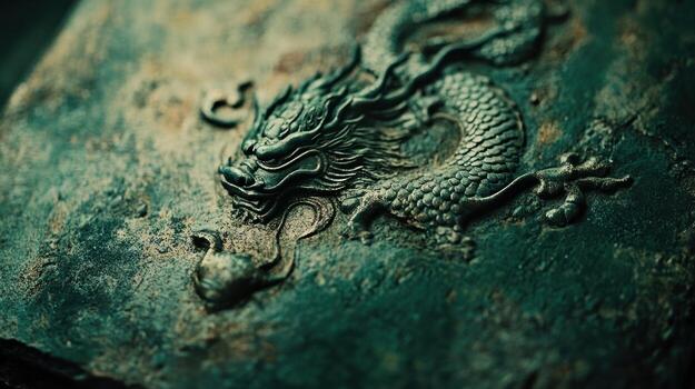Close-up of a weathered dragon carving photo