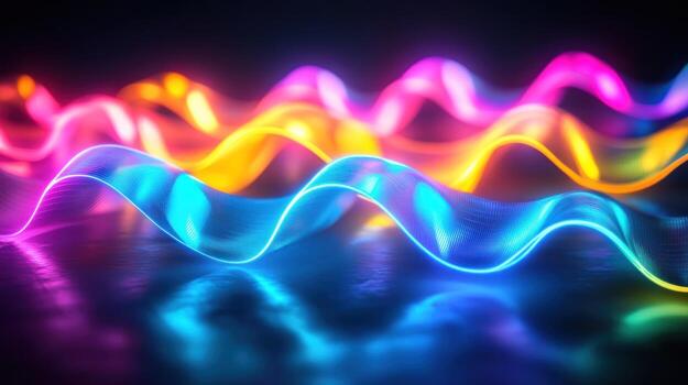 Abstract neon wave patterns on a dark reflective surface photo