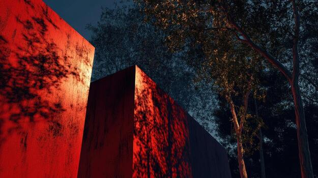 Red structures, illuminated at twilight, casting shadows of trees photo
