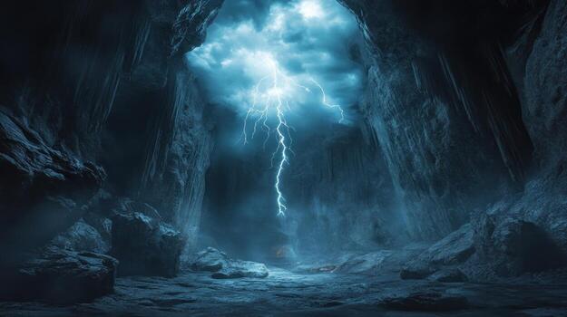 Dramatic cave scene with lightning photo
