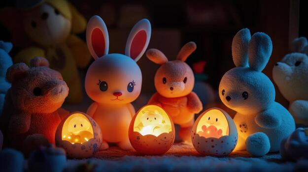Soft plush bunnies and bears nestled together in a warm glow photo
