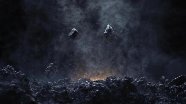 Dark, smoky scene with floating rocks photo